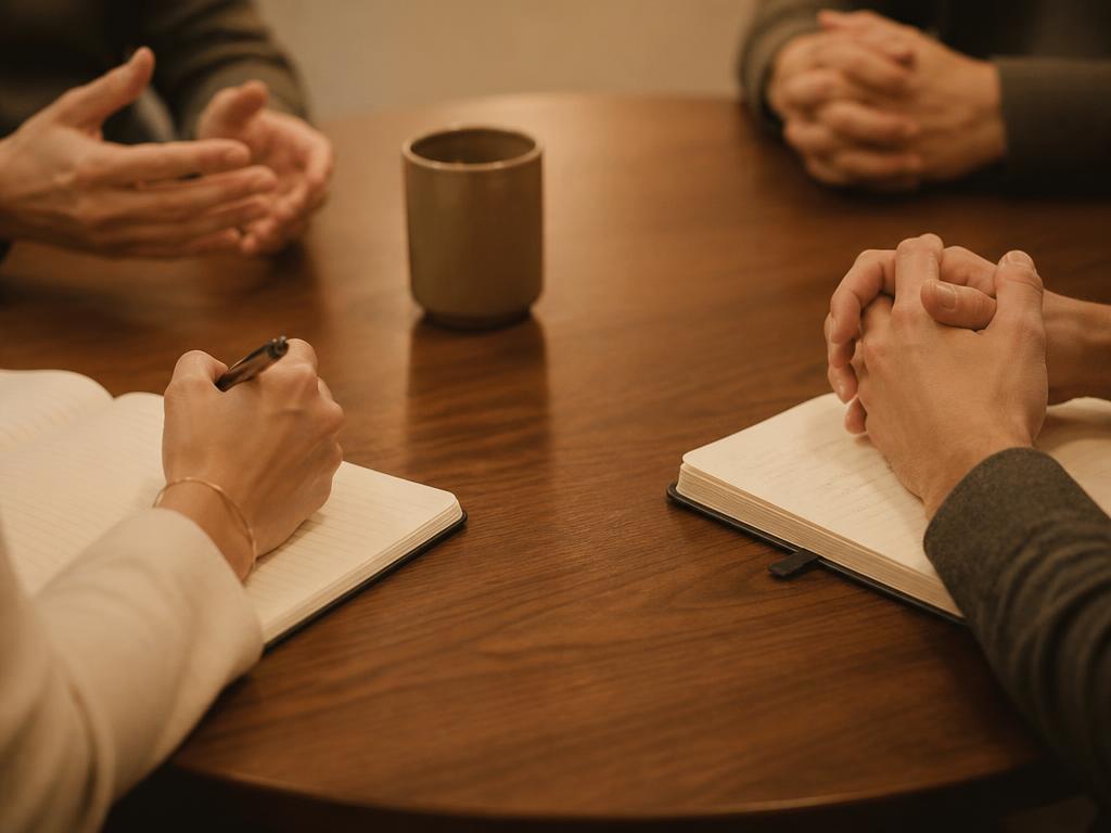 Sessão de mediação em andamento, com participantes em torno de uma mesa e um supervisor observando.